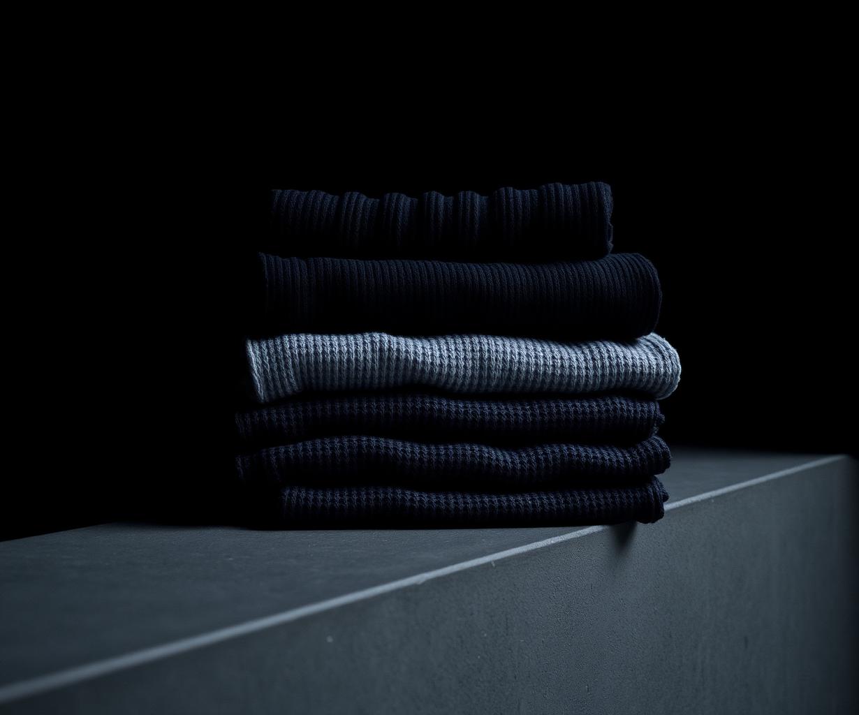 Folded black and charcoal knitwear stacked on a dark concrete ledge