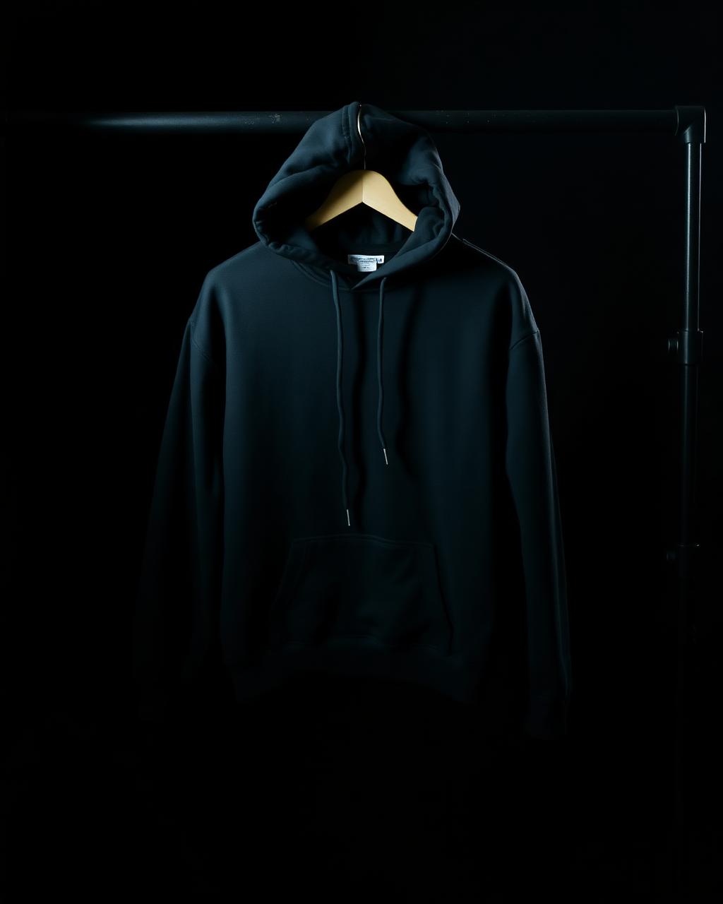 Black overdyed heavyweight hooded sweatshirt on a steel rail in a dark room